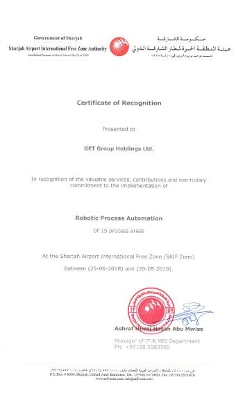 GET Group Receives Certificate of Recognition from Sharjah’s SAIF Zone
